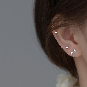 Dainty Minimalist Ear Stack Silver Earrings | Fake Double Pierced Hypoallergenic Silver Earrings | Tiny Small Simple Star Earrings