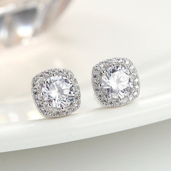 Cushion Cut Cubic Zirconia Silver Earrings | Super Quality CZ in Solid 925 Silver | Halo Crystal Real Silver Earrings