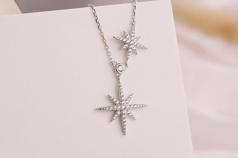 Collier étoilé en argent fin Collier avec pendentif en argent véritable, collection spéciale Collier délicat de haute qualité Idée cadeau Two Star