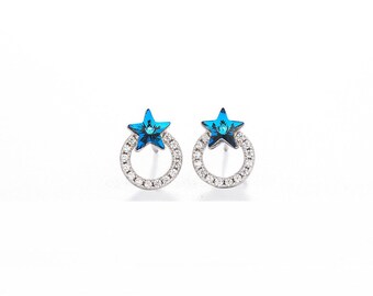 Blue Swarovski Crystal Silver Earrings | Star Silver Earrings | Blue Gemstone Silver Earrings | Perfect Christmas Gift