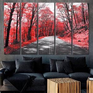 Red Forest Highway Autumn Red Leaves Canvas print Extra Large Wall Art Gift Present Poster Room Wall decor Wall Art
