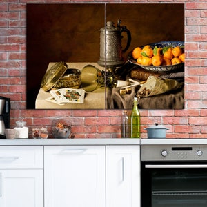 Stillleben Tangerinen Kaffeekanne Spielkarten Würfel Retro Multi Panel Canvas Drucke Extra große Wand Kunst Geschenk Geschenk Poster Wand Dekor.