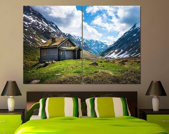 Norvège Montagnes Vallée d’hiver Cabane Nuages Peinture modulaire Sentiments Toile Impression Extra Large Art Mural Cadeau Affiche Chambre Décoration Murale Art Mural