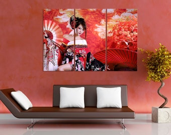 Japanisches Mädchen mit Fächer auf roter Leinwand Druck Extra Große WandKunst Geschenk Geschenk Poster Raum Wanddekoration Wandkunst