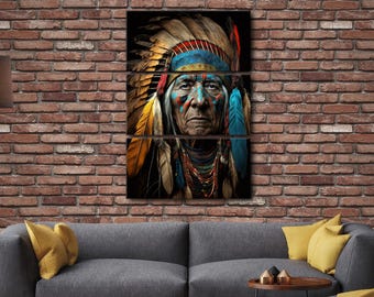 American indian art- Indian Shaman portrait, Modular painting