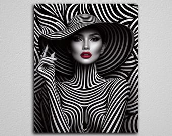Elegant Woman Face Art - Optical Illusion Waves Canvas Print, Home Decor