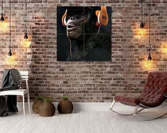 Muurkunst grappige aap, canvasafdruk muziekliefhebber, muurdecoratie coole dieren, modern eclectisch kunstwerk voor woonkamer