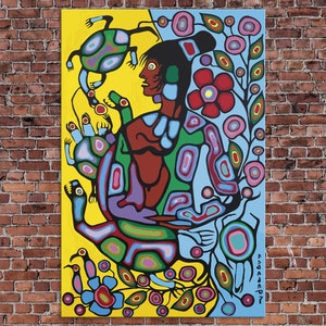 Vibrant Morrisseau-Inspired Abstract Art: Young Man Surrounded by Flowers and Turtle - Canvas Print for Wall Decor