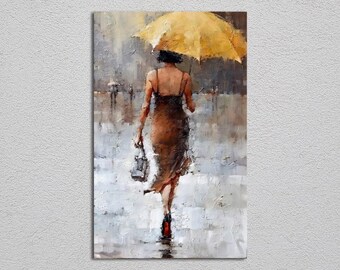 Elegant woman with yellow umbrella multi-panel canvas print
