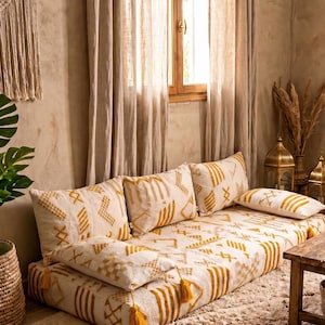 Moroccan Sofa Handmade | Berber Floor Couch | Boho Lounge Furniture | Living Room Sofa | Floor Cushion with Pillows Boho style Gold Pattern