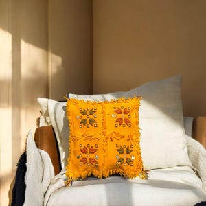 Moroccan Cactus Silk Pillow – Embroidered Cushion with Tassels – 40 x 40 cm – Boho Throw Pillow – Filled or Cover Only – Handmade in Morocco
