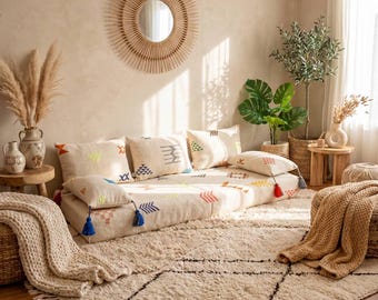 Moroccan Sofa Handmade | Beige Berber Floor Couch | Boho Lounge Furniture | Moroccan Living Room Sofa | Handmade Low Seating