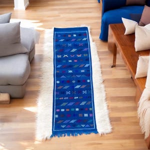 Moroccan Handmade blue rug Runner,Berber Sabra Kilim, Wool Vintage Atlas Carpet, kilim rug,Tribal Decor, Boho Area, hamlway runner,entryways