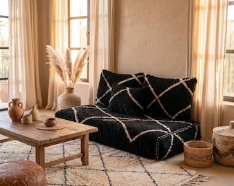 Marokańska sofa podłogowa, ręcznie robiona | Czarna kanapa w stylu Beni Ourain | Niskie siedzisko w stylu boho | Marokańska sofa wypoczynkowa | Ręcznie robiony wystrój salonu