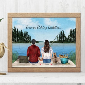 Couple de pêcheurs personnalisé - Couple de pêcheurs d'impression - Couple de pêcheurs avec animal de compagnie - Portrait de couple de pêcheurs - Cadeau pour petit ami - Cadeau personnalisé pour pêcheur