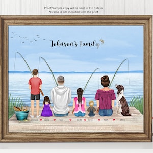 PERSONALISED FAMILY FISHING Print-Gift For Fishing Family-Custom Fishing Gift-Dad's Christmas Gift-Fishing illustration-Custom Fishing Print