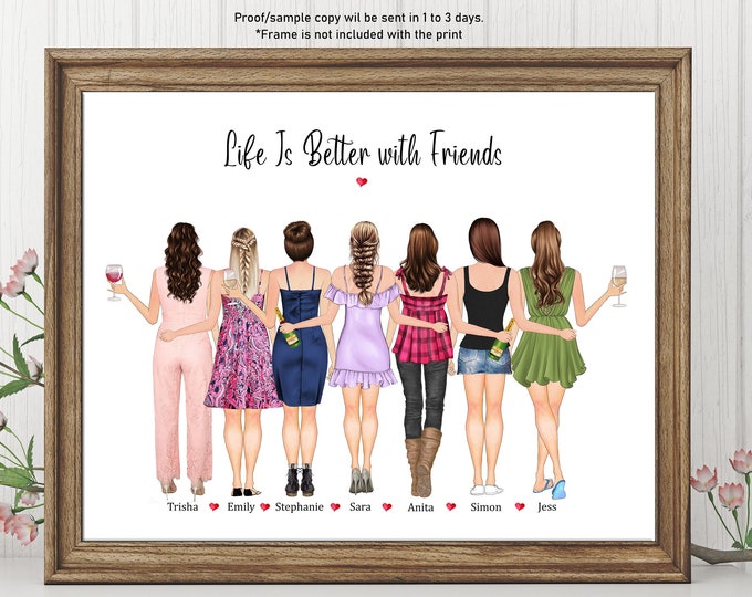 PERSONALIZED BEST FRIENDS Gifts -Group Friendship Print-Bestie Gifts-Friends illustration-Personalised Birthday Gift for Her-My Girls-Squad