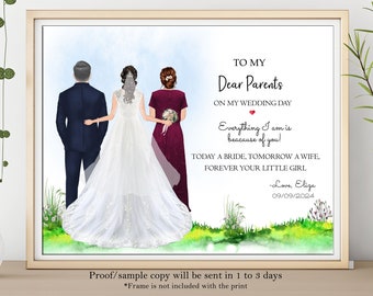 May include: A watercolor illustration of a bride and groom walking down the aisle with their parents. The bride is wearing a white wedding dress and the groom is wearing a dark suit. The parents are standing behind them, the mother is wearing a burgundy dress and the father is wearing a dark suit. The text reads "To My Dear Parents On My Wedding Day Everything I am is because of you! Today a bride, tomorrow a wife, forever your little girl -Love, Eliza 09/09/2024"