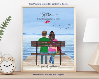 Couple Print Personalized, Custom couple Illustration, Couple on Bench, Couples Gift for Man Woman Print, Customized Couples Gift Portrait