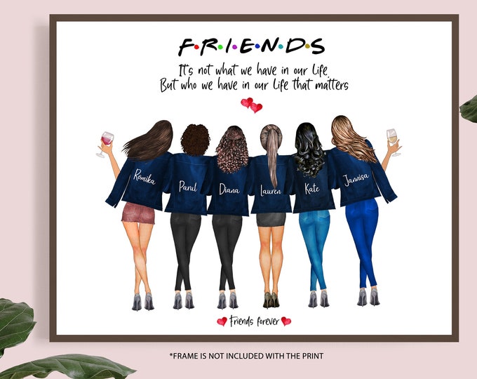 Best friend gift, group of friends print, best friend print, best friend picture, friendship illustration, friendship gift, girl group print