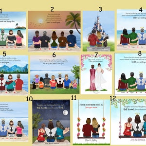 May include: Twelve digital illustrations of different backgrounds for a memorial or remembrance portrait. Each background features a different scene, including a beach, a sunset, a castle, a swing set, and a mountain range. The text "Until we meet again" appears in several of the backgrounds.