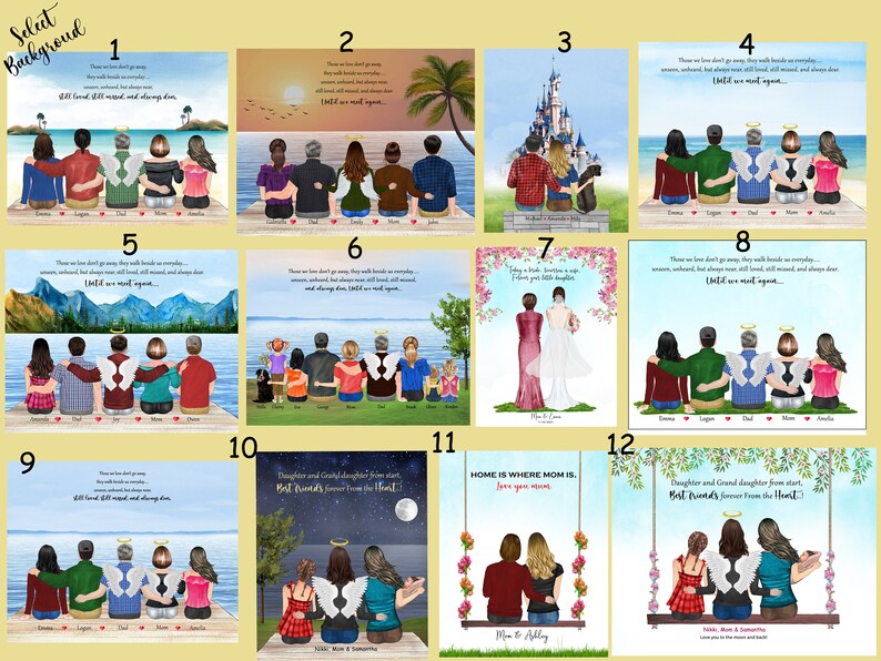 May include: Twelve digital illustrations of different backgrounds for a memorial or remembrance portrait. Each background features a different scene, including a beach, a sunset, a castle, a swing set, and a mountain range. The text "Until we meet again" appears in several of the backgrounds.