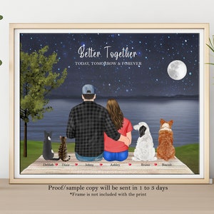 Portrait personnalisé de couple avec animaux de compagnie - Portrait de chien de famille - Cadeau d'anniversaire - Impression de son propriétaire et de son animal de compagnie - Impression de couple et de chien de compagnie - Portrait personnalisé