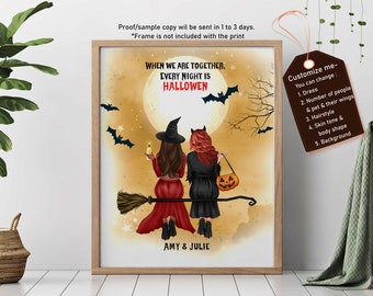 HALLOWEEN GIFTS, Best Witches Gift, Custom Halloween Portrait, Halloween 2021 Gift ideas, Best Friend Halloween, Bestie Halloween Portrait