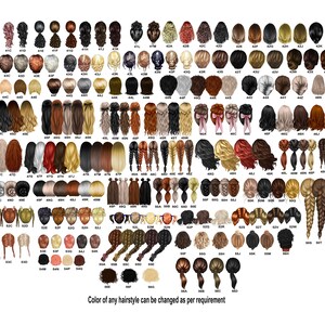 May include: A chart of 80 different hairstyles for women, each with a unique style and color. The hairstyles are numbered and arranged in rows. The text at the bottom reads "Color of any hairstyle can be changed as per requirement."