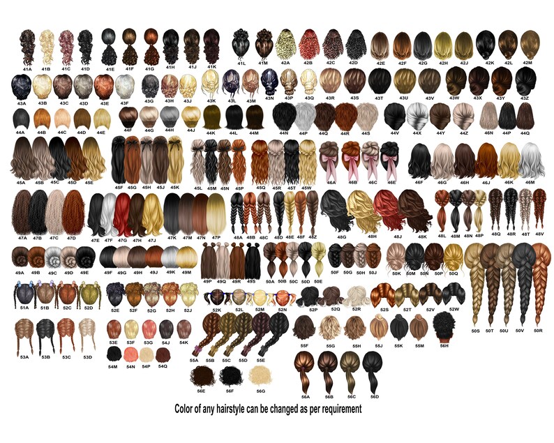 May include: A chart of 80 different hairstyles for women, each with a unique style and color. The hairstyles are numbered and arranged in rows. The text at the bottom reads "Color of any hairstyle can be changed as per requirement."