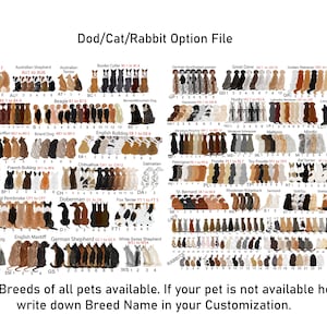 Pu&ograve; includere: Un grafico che mostra diverse razze di cani, gatti e conigli. Il grafico &egrave; organizzato per nome di razza e include diverse varianti di ogni razza. Il testo in fondo al grafico dice "Tutte le razze di tutti gli animali domestici disponibili. Se il tuo animale domestico non &egrave; disponibile qui, scrivi il nome della razza nella tua personalizzazione."