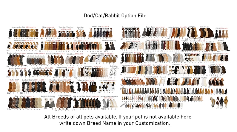Pu&ograve; includere: Un grafico che mostra diverse razze di cani, gatti e conigli. Il grafico &egrave; organizzato per nome di razza e include diverse varianti di ogni razza. Il testo in fondo al grafico dice "Tutte le razze di tutti gli animali domestici disponibili. Se il tuo animale domestico non &egrave; disponibile qui, scrivi il nome della razza nella tua personalizzazione."