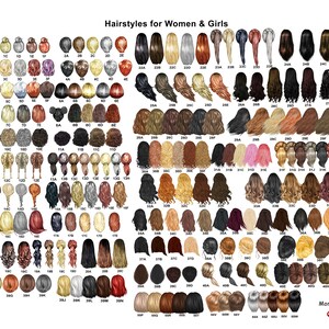 May include: A chart of 60 different hairstyles for women and girls. The hairstyles are illustrated in a cartoon style and are numbered and labeled with letters. The chart is titled "Hairstyles for Women & Girls".
