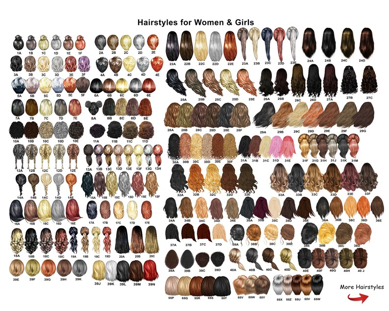 May include: A chart of 60 different hairstyles for women and girls. The hairstyles are illustrated in a cartoon style and are numbered and labeled with letters. The chart is titled "Hairstyles for Women & Girls".