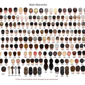 Pu&ograve; includere: Un grafico con 180 diversi stili di capelli maschili, numerati ed etichettati. Le acconciature sono mostrate dalla parte posteriore della testa. Il testo in fondo al grafico recita "***Il colore di qualsiasi acconciatura pu&ograve; essere modificato in base alle esigenze***".