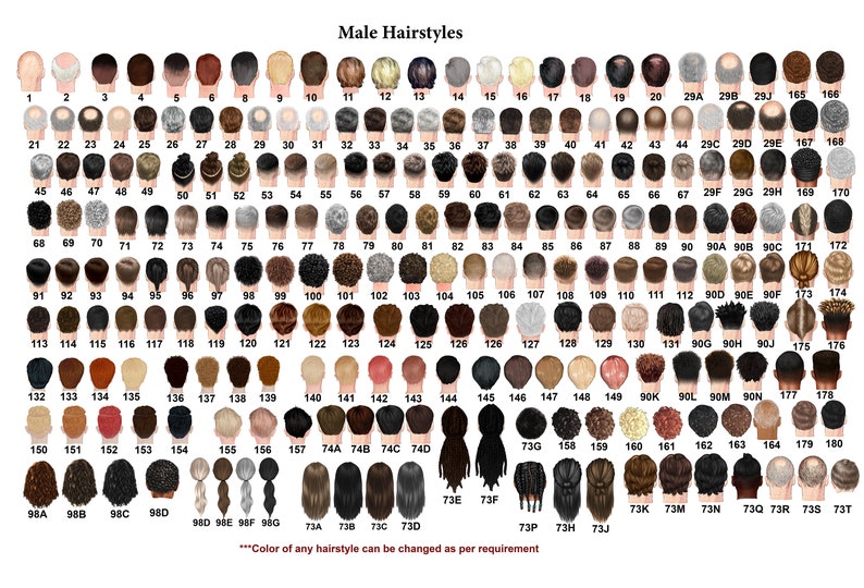 Pu&ograve; includere: Un grafico con 180 diversi stili di capelli maschili, numerati ed etichettati. Le acconciature sono mostrate dalla parte posteriore della testa. Il testo in fondo al grafico recita "***Il colore di qualsiasi acconciatura pu&ograve; essere modificato in base alle esigenze***".