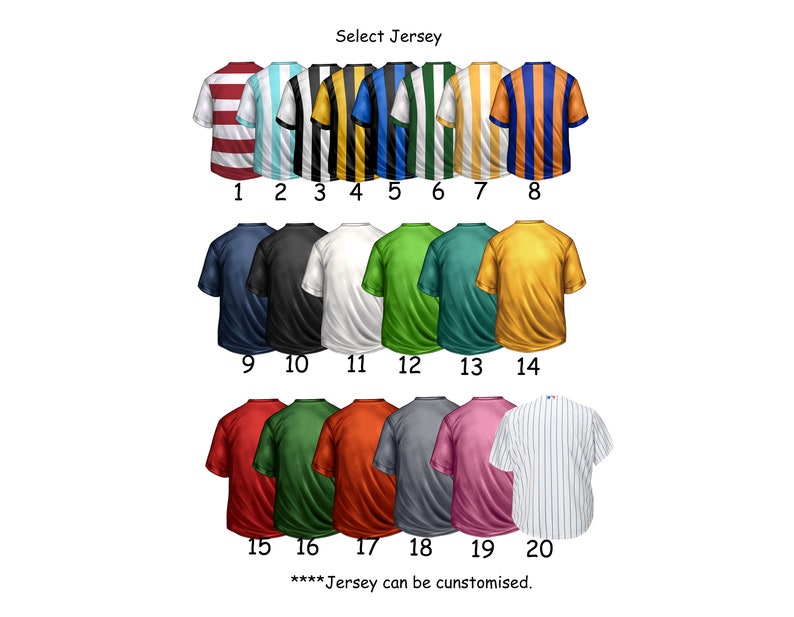 Pode incluir: Uma sele&ccedil;&atilde;o de 20 designs de camisolas diferentes, numeradas de 1 a 20. As camisolas s&atilde;o de v&aacute;rias cores e padr&otilde;es, incluindo riscas, bolinhas e cores s&oacute;lidas. O texto "Select Jersey" e "****Jersey can be customized." &eacute; vis&iacute;vel na parte superior e inferior da imagem.