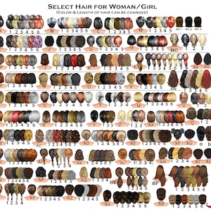 Pode incluir: Um gr&aacute;fico com v&aacute;rios penteados para mulheres e meninas. O gr&aacute;fico &eacute; etiquetado com letras e n&uacute;meros. Cada penteado &eacute; de uma cor e estilo diferente.