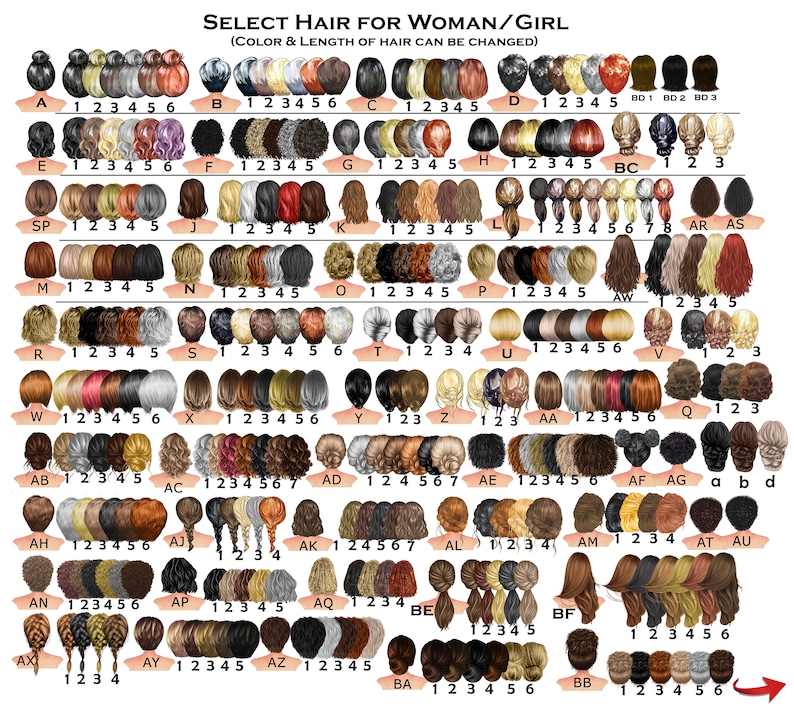 Pode incluir: Um gr&aacute;fico com v&aacute;rios penteados para mulheres e meninas. O gr&aacute;fico &eacute; etiquetado com letras e n&uacute;meros. Cada penteado &eacute; de uma cor e estilo diferente.