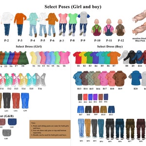 May include: A chart with illustrations of different poses, clothing options, and accessories for creating a custom family portrait. The chart includes poses for girls and boys, dresses, pants, and sitting pants. The text on the chart reads "Select Poses (Girl and boy)", "Select Dress (Girl)", "Select Dress (Boy)", "Sitting Pant (G&B)", and "Note:".