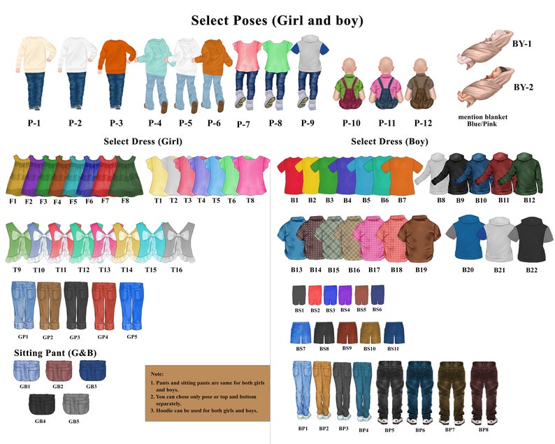 May include: A chart with illustrations of different poses, clothing options, and accessories for creating a custom family portrait. The chart includes poses for girls and boys, dresses, pants, and sitting pants. The text on the chart reads "Select Poses (Girl and boy)", "Select Dress (Girl)", "Select Dress (Boy)", "Sitting Pant (G&B)", and "Note:".