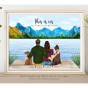 Custom ADVENTURE COUPLE PRINT-Mountain Lake Background-Custom Family with Pet Portrait-Anniversary Birthday Valentines Gift for Him for Her