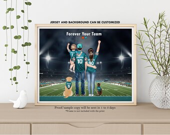 Personalised Miami Dolphins Couple Print-Dolphins Fan Couple-American Football Couple Drawing-Dolphins Family Print-Miami Dolphins Fan Gift