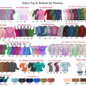 May include: A chart with images of different tops and bottoms for women. The chart is divided into sections for different body shapes, including slim, medium, and curvy. The chart also includes a section for skin tone. The chart is labeled "Select Top & Bottom for Woman".