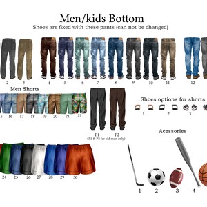 Pode incluir: Um gr&aacute;fico que mostra diferentes estilos de cal&ccedil;as, cal&ccedil;&otilde;es e sapatos para homens e crian&ccedil;as. O gr&aacute;fico inclui uma variedade de cores e padr&otilde;es, incluindo cal&ccedil;as de ganga azuis, cal&ccedil;as c&aacute;qui e cal&ccedil;&otilde;es florais. O gr&aacute;fico tamb&eacute;m inclui uma sec&ccedil;&atilde;o para acess&oacute;rios, como um taco de beisebol, uma bola de futebol e uma bola de basquete.