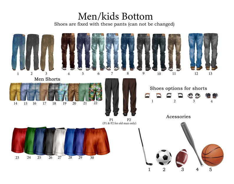 Pode incluir: Um gr&aacute;fico que mostra diferentes estilos de cal&ccedil;as, cal&ccedil;&otilde;es e sapatos para homens e crian&ccedil;as. O gr&aacute;fico inclui uma variedade de cores e padr&otilde;es, incluindo cal&ccedil;as de ganga azuis, cal&ccedil;as c&aacute;qui e cal&ccedil;&otilde;es florais. O gr&aacute;fico tamb&eacute;m inclui uma sec&ccedil;&atilde;o para acess&oacute;rios, como um taco de beisebol, uma bola de futebol e uma bola de basquete.