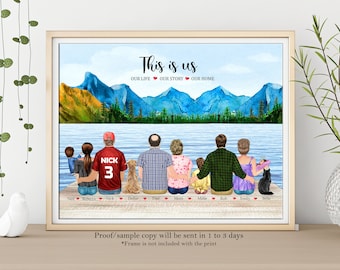 LARGE FAMILY PRINT-Personalized Family Portrait with Pet-Family Wall Art-House warming Gift-Mothers Day Gift-Gift for Parents-Family Drawing