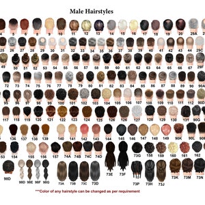 Pode incluir: Um gr&aacute;fico com 180 penteados masculinos diferentes, numerados e etiquetados. Os penteados s&atilde;o mostrados da parte de tr&aacute;s da cabe&ccedil;a. O texto na parte inferior do gr&aacute;fico diz "***A cor de qualquer penteado pode ser alterada conforme necess&aacute;rio***".