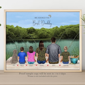 CHRISTMAS GIFT for DAD-Gift From Daughter-Personalized Fishing Portrait-Custom Dad and Kids Fishing-Fishing Family-Hooked Best Dad Portrait