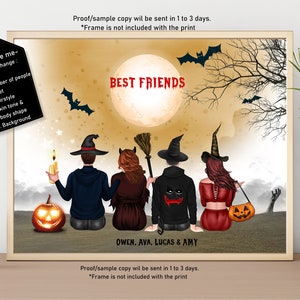May include: A framed Halloween-themed print featuring four figures in costumes sitting in front of a full moon. The words "BEST FRIENDS" are above the figures. The print includes bats, a pumpkin, and the names "OWEN, AVA, LUCAS & AMY". The text "Customize me" is also visible.